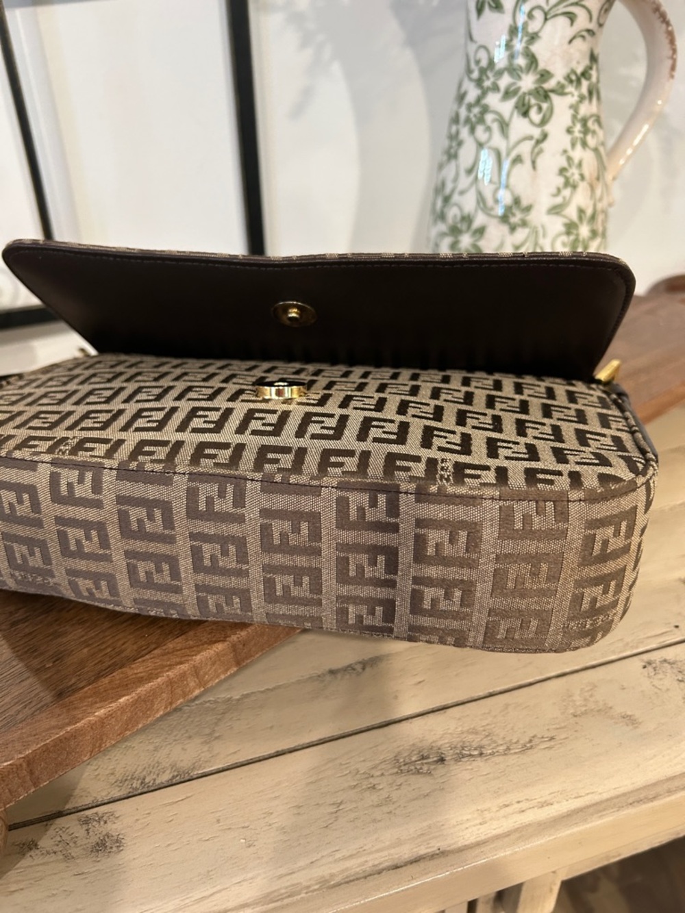 Fendi Brown FF Logo Jacquard Shoulder Bag with Black Strap - Picture 3 of 6